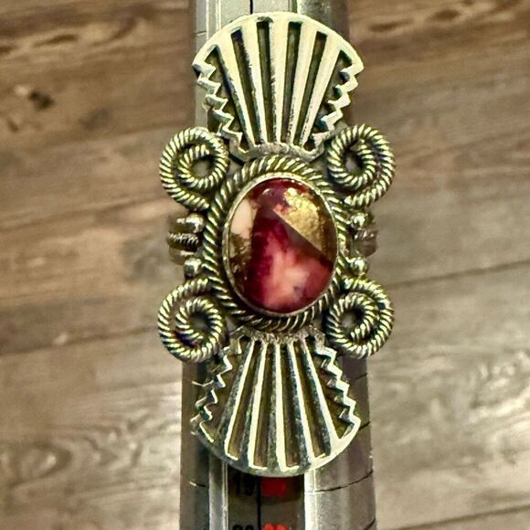 Unique Red Rose Dahlia Turquoise Ring Southwestern Fan Framed Sterling Silver 7 - Picture 2 of 7